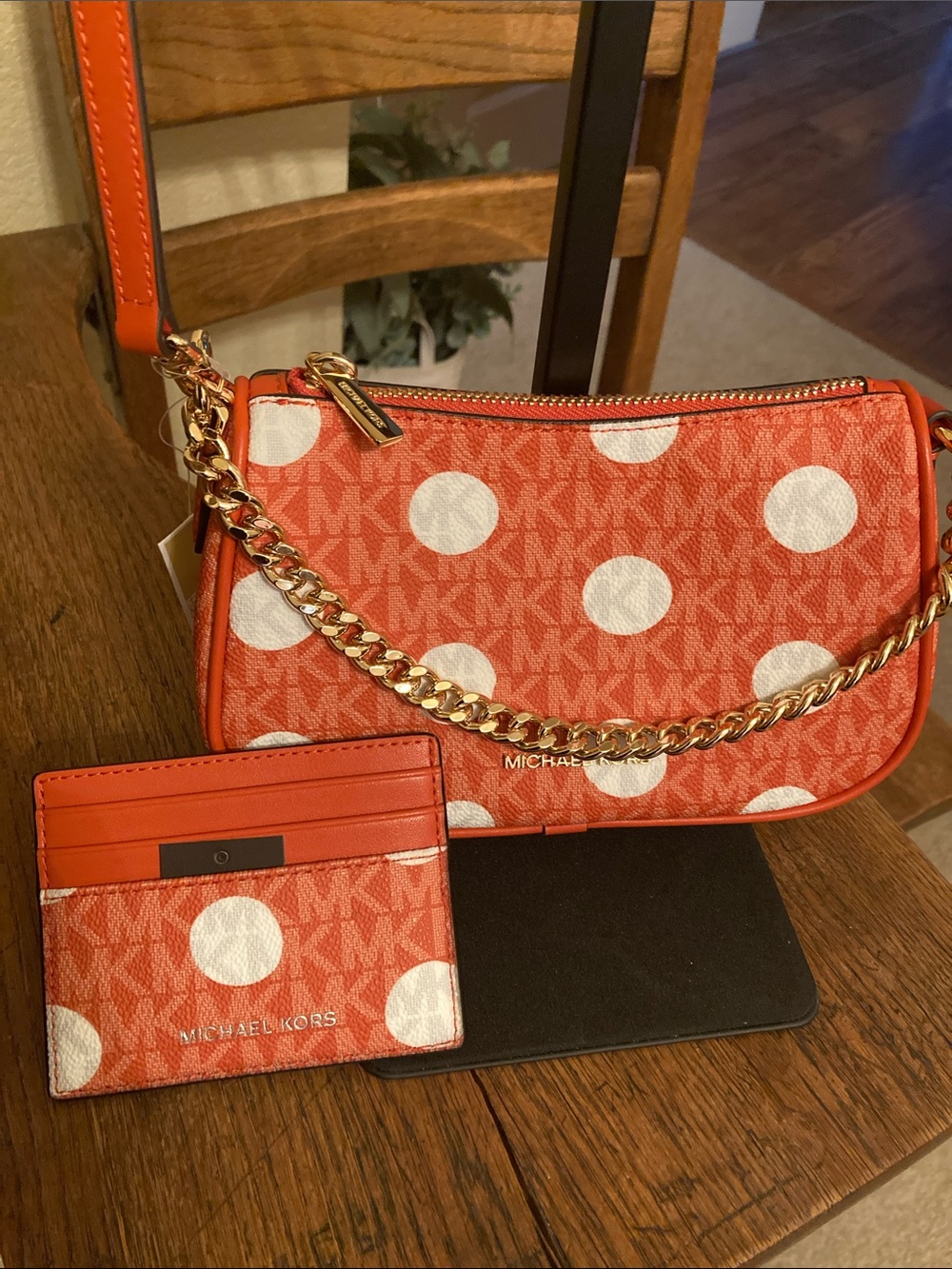 MICHAEL Michael Kors Polka Dot Carmella Pouchette Crossbody/Card Case Bundle NWT